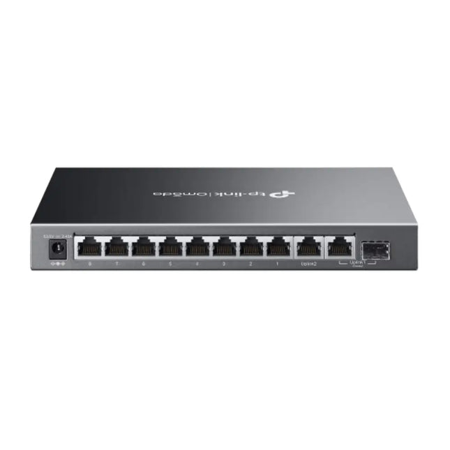 Front view of the black Omada ES210GMP easy managed network switch, showcasing 8 Gigabit PoE+ ports, 1 standard Gigabit RJ45 port, and 1 SFP/RJ45 combo port.