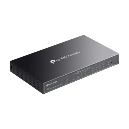 Isometric view of the compact, fanless metal casing of the Omada ES210GMP switch, highlighting its side ventilation and sturdy desktop or wall-mount design.