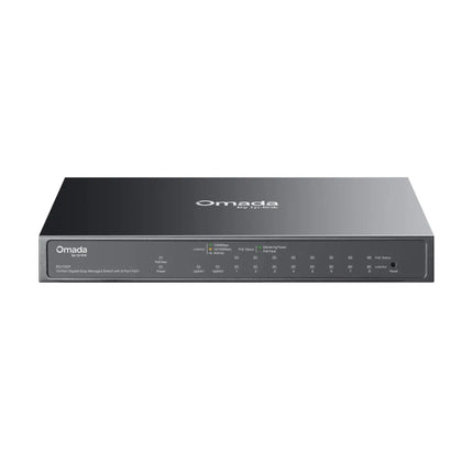 TP-Link Omada ES210GP smart managed 10-port gigabit desktop switch with 8 PoE+ ports.