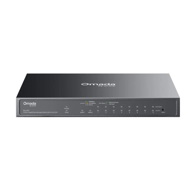 TP-Link Omada ES210GP smart managed 10-port gigabit desktop switch with 8 PoE+ ports.