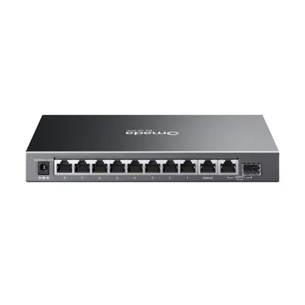 Front view of Omada ES210GP switch showing 8 RJ45 PoE+ ports and 2 Gigabit SFP slots.