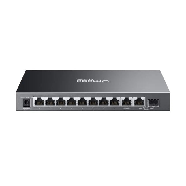 Front view of Omada ES210GP switch showing 8 RJ45 PoE+ ports and 2 Gigabit SFP slots.