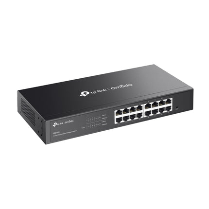 Angled profile view of the compact, fanless Omada ES216G 16-port network switch, highlighting its side ventilation for silent operation.