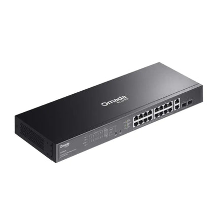 TP-Link Omada ES220GMP easy managed switch mounted in an enterprise server rack with connected ethernet patch cables powering surveillance cameras.