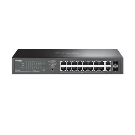 Front view of the fanless Omada ES220GP network switch showing 18 Gigabit RJ45 ports with 16 PoE+ slots and 2 Gigabit SFP fiber slots in a black metal housing.