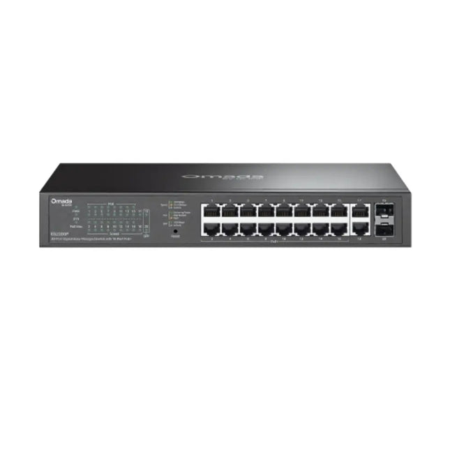 Front view of the fanless Omada ES220GP network switch showing 18 Gigabit RJ45 ports with 16 PoE+ slots and 2 Gigabit SFP fiber slots in a black metal housing.