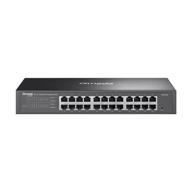TP-Link Omada ES224G smart managed 24-port gigabit rackmount network switch in black.