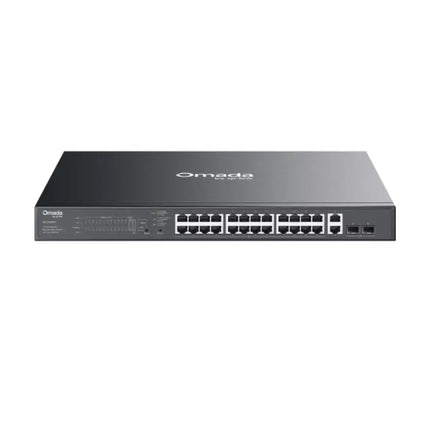 Front view of the rack-mountable Omada ES228GMP network switch featuring 24 Gigabit PoE+ ports, 2 standard Gigabit RJ45 ports, and 2 SFP slots.