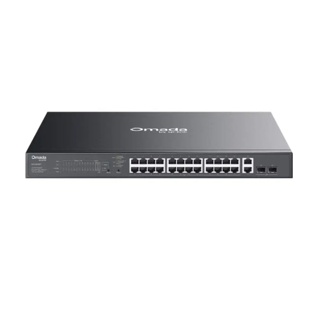 Front view of the rack-mountable Omada ES228GMP network switch featuring 24 Gigabit PoE+ ports, 2 standard Gigabit RJ45 ports, and 2 SFP slots.