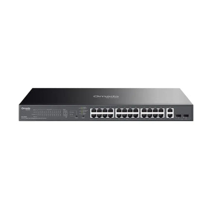 Front view of the TP-Link Omada ES228GP 28-port Gigabit easy managed switch highlighting 24 PoE+ ports and 2 SFP slots in a durable rackmount metal casing.