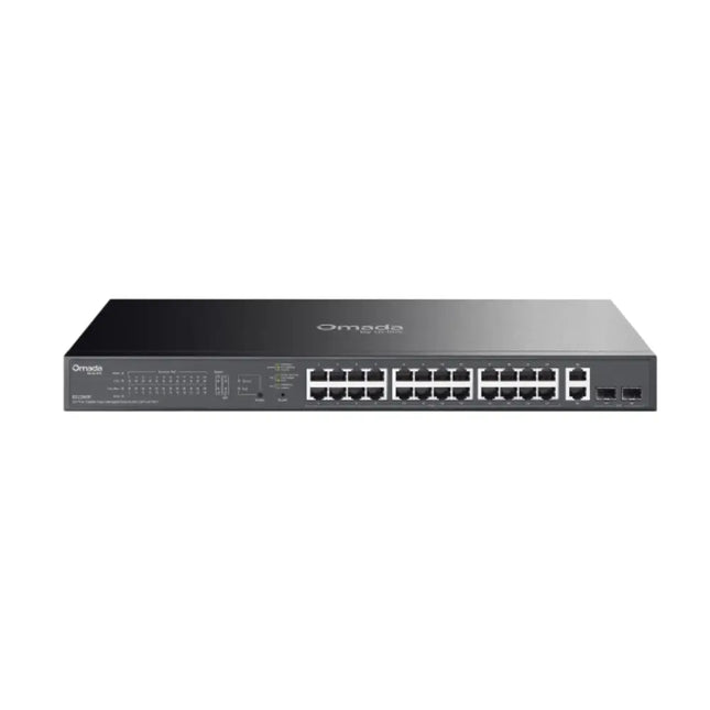 Front view of the TP-Link Omada ES228GP 28-port Gigabit easy managed switch highlighting 24 PoE+ ports and 2 SFP slots in a durable rackmount metal casing.