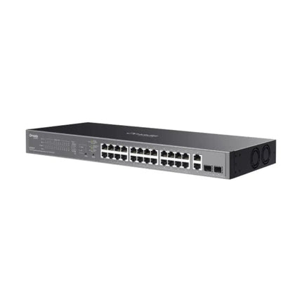 TP-Link Omada ES228GP Agile switch mounted in an office network server rack powering connected IP security cameras and access points.