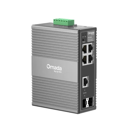 Rear perspective of the fanless TP-Link Omada IES206G industrial switch illustrating the heavy-duty DIN-rail mounting bracket for server cabinet installation.