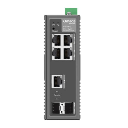 Front and top interface profile of Omada IES206G showing 4 Gigabit RJ45 ports, 1 SFP Combo slot, 1 dedicated SFP slot, and the 1+1 redundant DC power inputs.