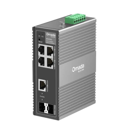 TP-Link Omada IES206G 6-Port Gigabit Industrial Easy Managed Switch featuring a compact IP40 ribbed aluminum casing engineered for harsh environments.