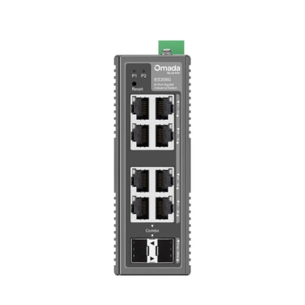 TP-Link Omada IES208G industrial switch mounted on a DIN rail inside an electrical enclosure, highlighting its compact design for harsh environments.