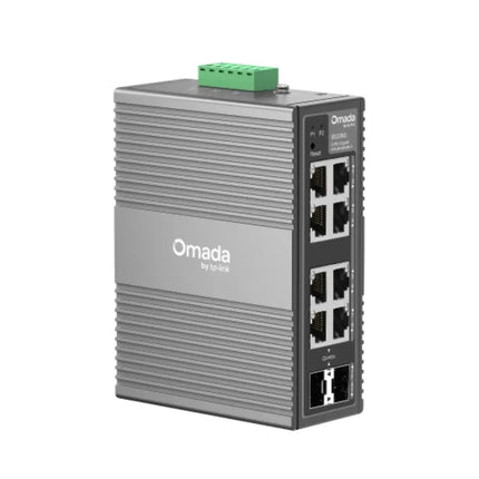 Front view of the TP-Link Omada IES208G industrial gigabit smart managed switch showing 8 RJ45 ports and a rugged metal casing.