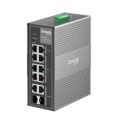 Front view of the heavy-duty Omada IES210GPP industrial switch showing eight Gigabit PoE ports, two combo SFP slots, and its rugged IP40 aluminum casing with a DIN-rail mount.