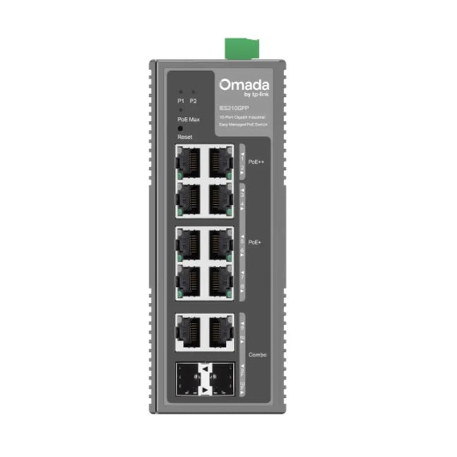 An industrial graphic highlighting the fanless IES210GPP network switch operating in extreme conditions ranging from minus forty to seventy-five degrees Celsius.