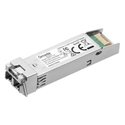 A metallic silver TP-Link Omada ISM311LS 1000Base-LX single-mode industrial SFP fiber transceiver module with its bail latch.