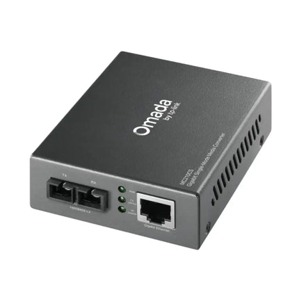 Front view of the Omada MC210CS Gigabit Media Converter showcasing the SC fiber port, the 1000M RJ45 Ethernet port, and the LED status indicators.