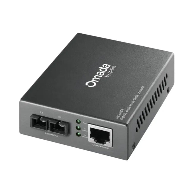Front view of the Omada MC210CS Gigabit Media Converter showcasing the SC fiber port, the 1000M RJ45 Ethernet port, and the LED status indicators.