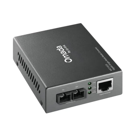 Side view of the compact Omada MC210CS metal chassis, highlighting its ventilation slots and clean desktop-mountable design.