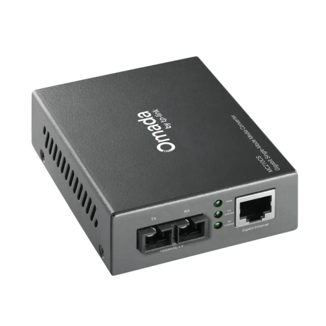 Side view of the compact Omada MC210CS metal chassis, highlighting its ventilation slots and clean desktop-mountable design.