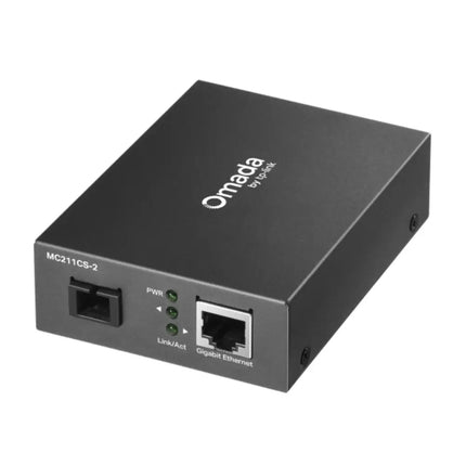 TP-Link Omada MC211CS-2 Gigabit WDM Media Converter angled shot showcasing its compact metallic design and front panel power indicators.