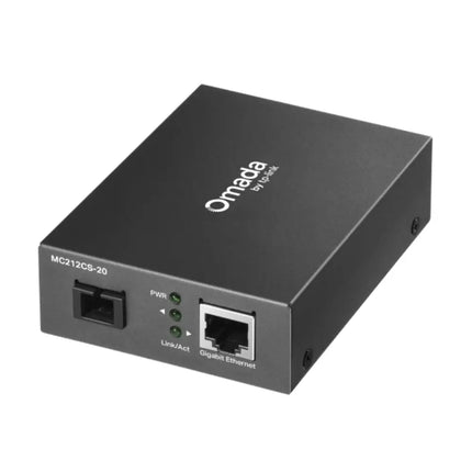 TP-Link Omada MC212CS-20 Gigabit WDM Media Converter metallic casing front view showing the product logo and status LEDs.