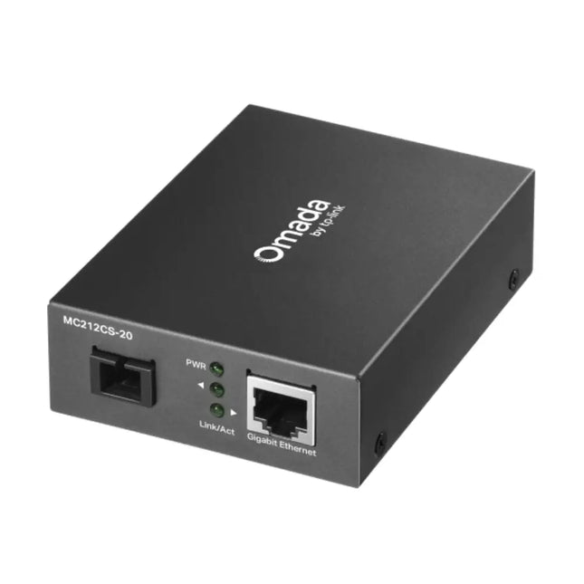 TP-Link Omada MC212CS-20 Gigabit WDM Media Converter metallic casing front view showing the product logo and status LEDs.
