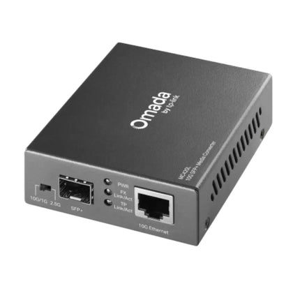 TP-Link Omada MC420L 10G Multi-Gigabit SFP Media Converter angled standalone desktop view showing the metallic black casing and top branding.