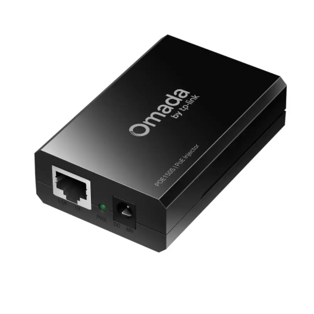 Close-up view of the Omada POE150S adapter ports, showing the Gigabit RJ45 Data In port, Power plus Data Out port, and 48V DC power input.