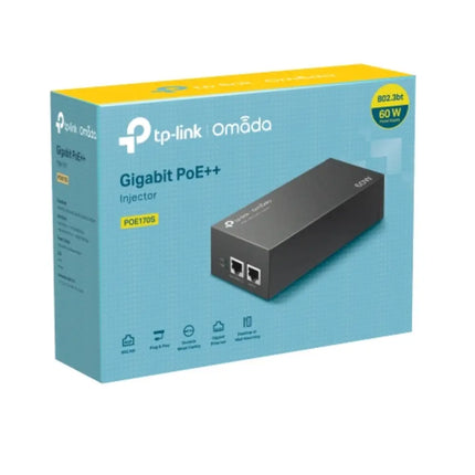 Close-up view of the TP-Link PoE170S adapter interface showing the Gigabit Data In port, high-power PoE++ Out port, and power LED indicator.