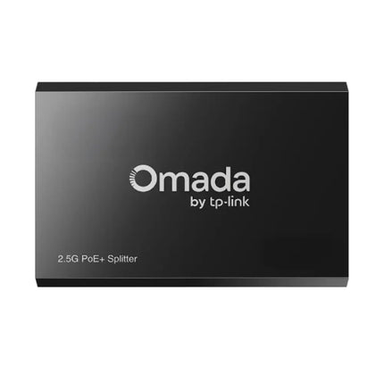 Close-up view of the ports on the Omada POE260R splitter showing the 2.5Gbps RJ45 input, LAN output, and DC power connection.