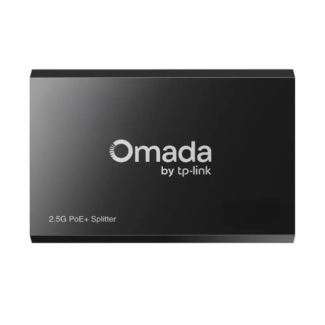 Close-up view of the ports on the Omada POE260R splitter showing the 2.5Gbps RJ45 input, LAN output, and DC power connection.