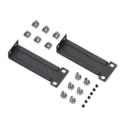 Two gray metal rackmount ears and accompanying screws included in the Omada RackMount Kit-D226 for 226mm desktop switches.