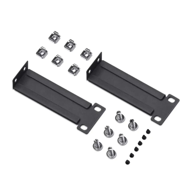Two gray metal rackmount ears and accompanying screws included in the Omada RackMount Kit-D226 for 226mm desktop switches.