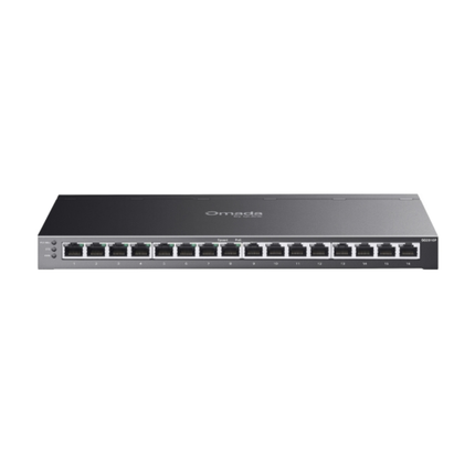 Front angled view of the compact Omada SG2016P 16-port gigabit smart network switch housed in a durable dark gray metal casing."
