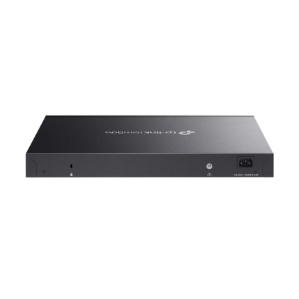 "Close-up of the front panel on the Omada SG2016P switch, highlighting the 8 gigabit PoE+ ports with a 120W power budget and 8 standard gigabit ports."