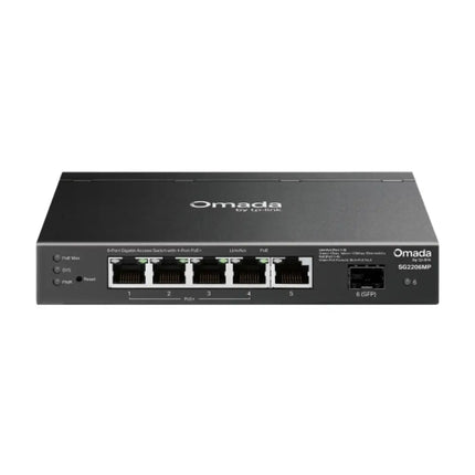 Front view of the black Omada SG2206MP smart managed access switch, highlighting 4 Gigabit PoE+ RJ45 ports, 1 standard Gigabit RJ45 port, and 1 Gigabit SFP slot for fiber uplink.