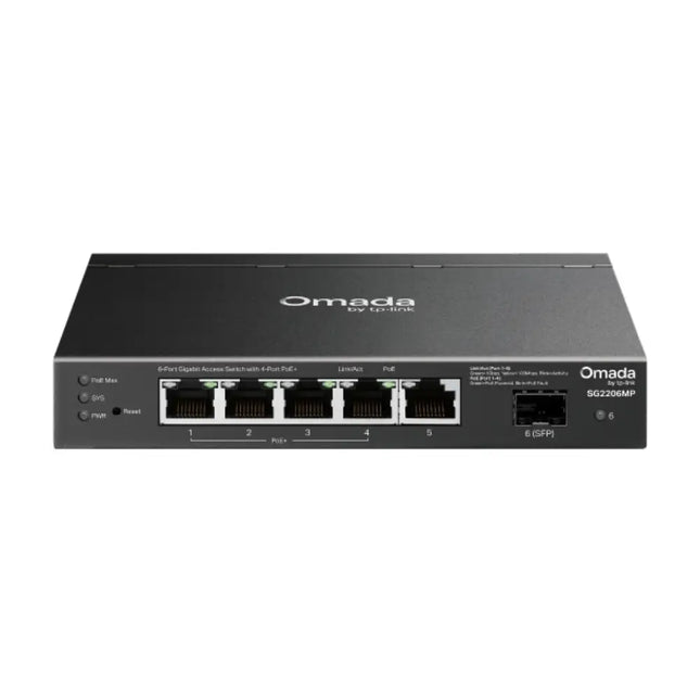 Front view of the black Omada SG2206MP smart managed access switch, highlighting 4 Gigabit PoE+ RJ45 ports, 1 standard Gigabit RJ45 port, and 1 Gigabit SFP slot for fiber uplink.
