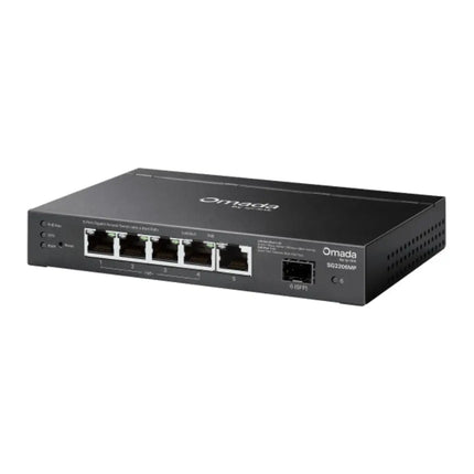 Isometric angled shot of the compact, fanless metal casing of the Omada SG2206MP switch, demonstrating its small desktop form factor ideal for office or retail deployments.
