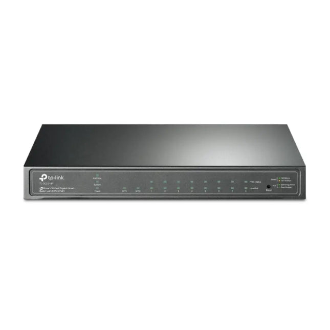 Front panel close-up of the TP-Link Omada SG2210P switch highlighting the RJ45 PoE+ ports, SFP slots, and system LED status indicators.