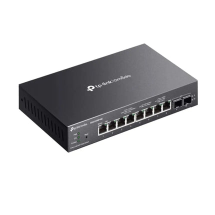 Close-up view of the front panel on the Omada SG2210XMP-M2 switch highlighting the 8 2.5G multi-gigabit PoE+ ports and 2 10G SFP+ uplink slots.