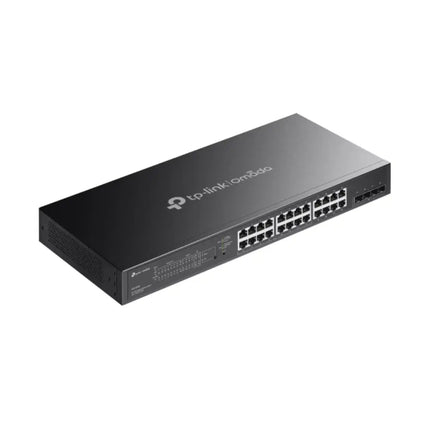 Close-up of the front panel on the Omada SG2428LP switch highlighting the 16 Gigabit PoE+ ports, 8 non-PoE ports, and 4 Gigabit SFP expansion slots.
