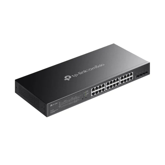 Close-up of the front panel on the Omada SG2428LP switch highlighting the 16 Gigabit PoE+ ports, 8 non-PoE ports, and 4 Gigabit SFP expansion slots.