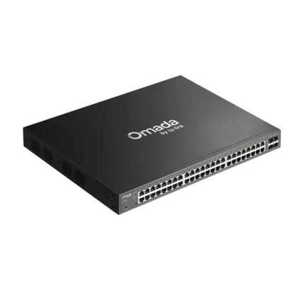 Close-up view of the front panel on the Omada SG2452LP switch showcasing the 48 Gigabit PoE+ ports and 4 Gigabit SFP expansion slots.