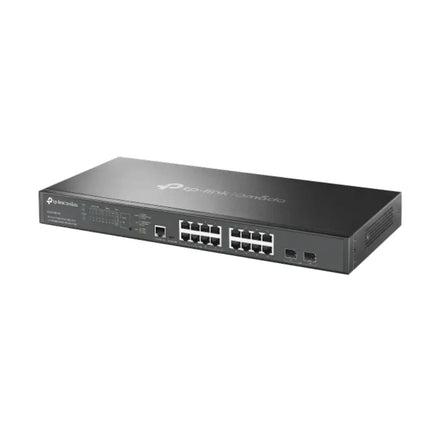 Close-up view of the TP-Link Omada SG3218XP-M2 front panel highlighting 16 multi-gigabit 2.5G PoE+ ports and 2 10G SFP+ fiber uplink slots.