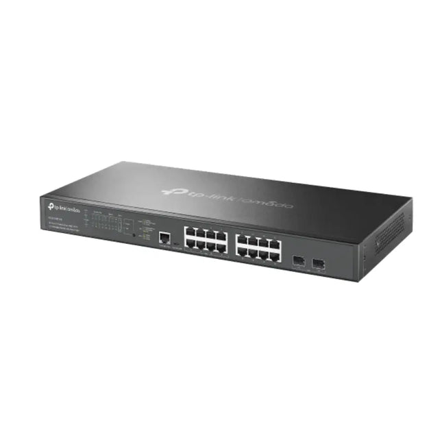 Close-up view of the TP-Link Omada SG3218XP-M2 front panel highlighting 16 multi-gigabit 2.5G PoE+ ports and 2 10G SFP+ fiber uplink slots.